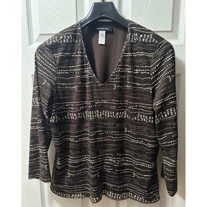 Jones New York Top Womens Sz XL Brown & White V Neck 3/4 sleeve‎ Sequins Shirt